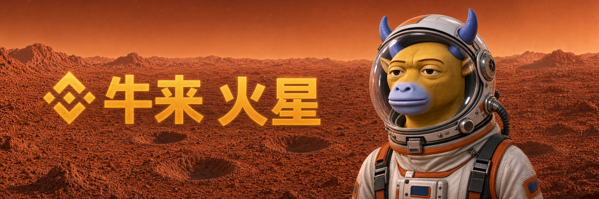 牛来火星 banner — astronaut bull on the Martian surface
